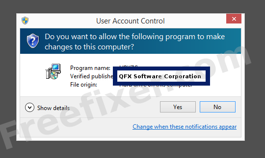 Screenshot where QFX Software Corporation appears as the verified publisher in the UAC dialog